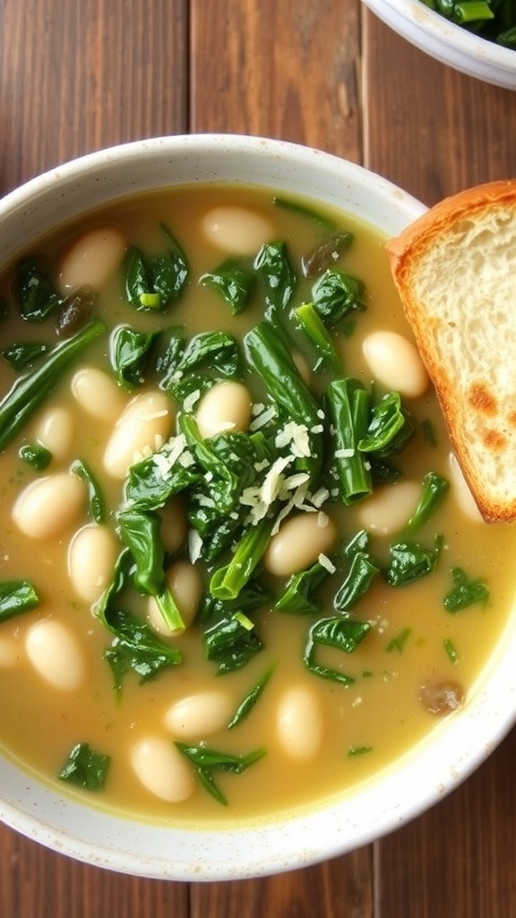 A bowl of kale and white bean soup garnished with Parmesan cheese, served with bread on a rustic table.